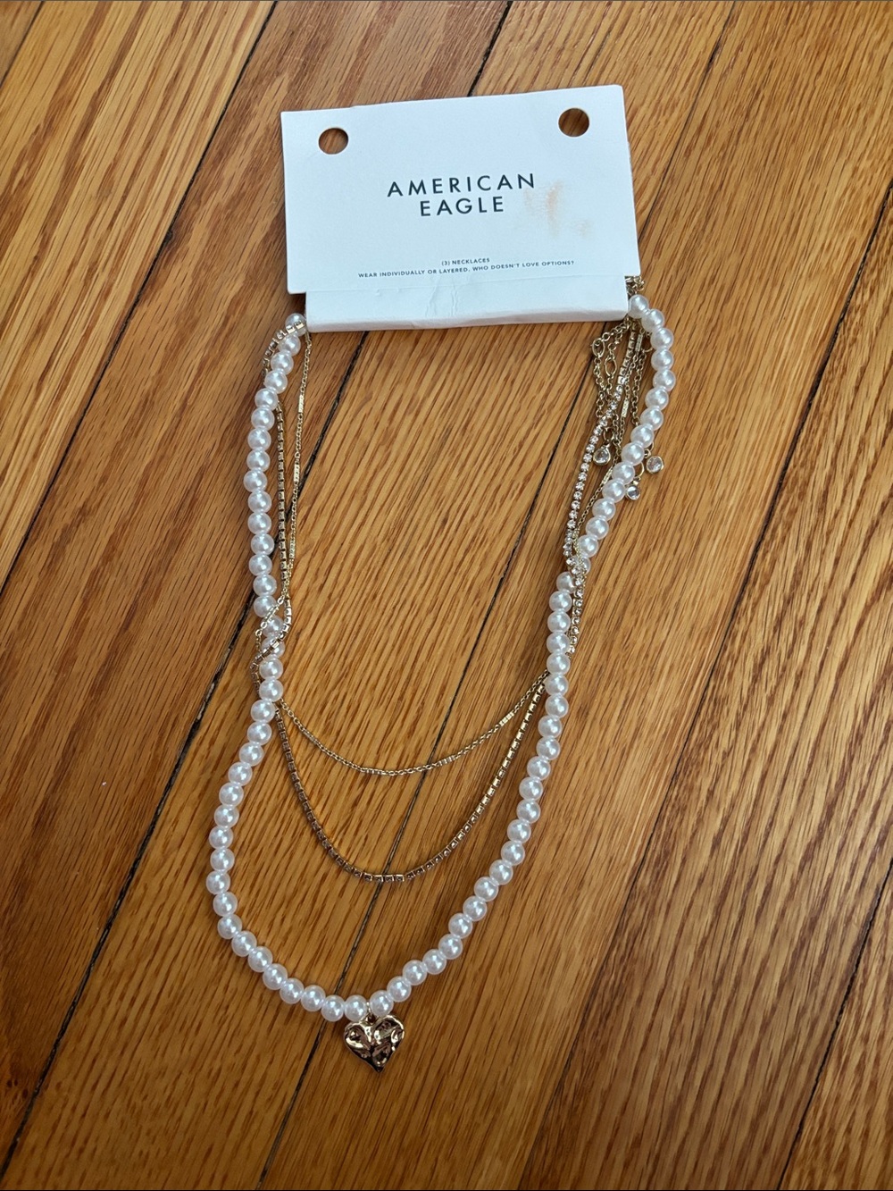 American Eagle Outfitters Gold Tone Multi-Layer Pearl Necklace with Heart Charm